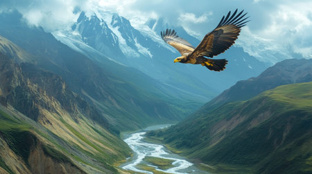 Golden eagle flying over a mountain pass with a river flowing through the valley below. Wild and natural sceneryの素材
