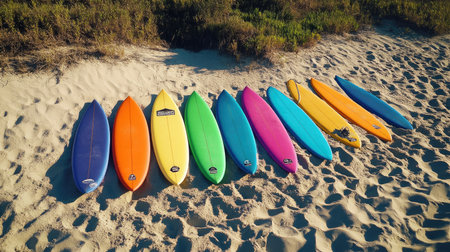 Group of surfboards arranged in the sand, ready for a surfing class. Vibrant colors and bright, sunny skyの素材