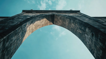 Low-angle shot of a stone bridge arch against a soft blue sky, creating a timeless, sturdy look.の素材