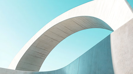Detailed view of a bridge arch rising towards the sky, capturing graceful curves against a soft blue backdrop.の素材
