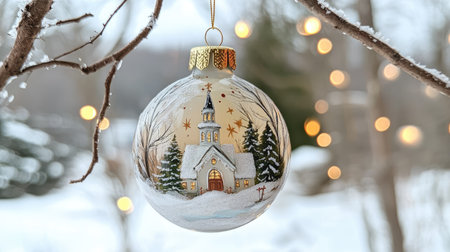 Elegant glass ornament with a hand-painted snowy church scene, surrounded by warm Christmas lights.の素材