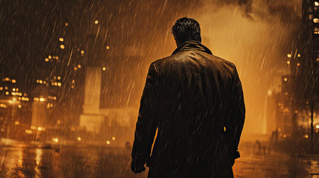 Man in a trench coat standing in heavy rain with a city skyline in the background, capturing a moody urban sceneの素材