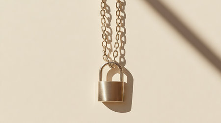 Minimalistic shot of a padlock and chains on a light-colored background, focusing on simplicity in security.の素材