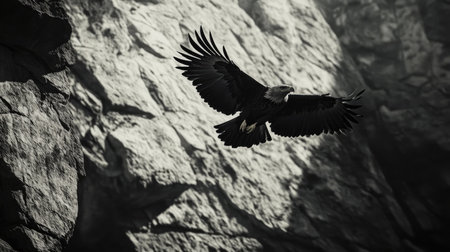 Eagle flying low over rocky cliffs, its shadow cast on the rugged terrain below. Wild and intense sceneの素材
