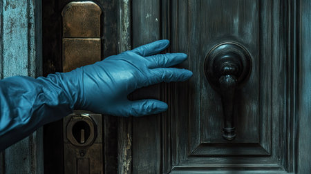 Gloved hands gripping a doorknob, representing cautious entry and sanitation in public spaces.の素材
