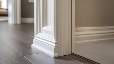 Close-up view of a plastic door frame with a beveled edge, partially open, showcasing design details.の素材