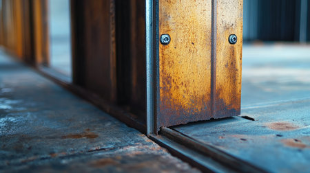 Detail shot of a sturdy metal door frame with rubber sealing, showing quality construction.の素材