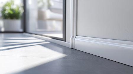 Close-up view of the corner of a plastic door frame with precise molding, against a bright room.の素材