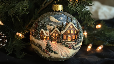 Glittered ornament with a snowy village scene, with twinkling fairy lights creating a cozy ambiance.の素材