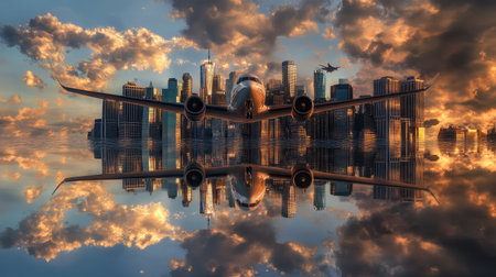 Plane soaring overhead with the reflection of the city's skyscrapers, capturing a blend of modern architecture and aviationの素材