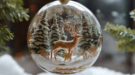 Glass ornament showcasing a reindeer in a snowy forest, creating a magical holiday ambiance.の素材