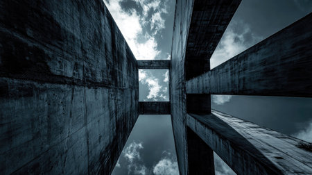 Low-angle view of a bridge tower reaching into the sky, highlighting powerful structure and stability.の素材
