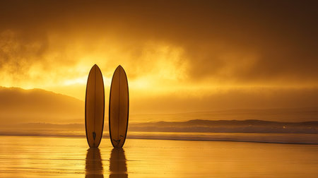 Pair of surfboards standing upright on a pristine beach at sunrise, soft golden light creating a peaceful moodの素材