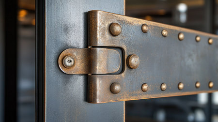 Metal door frame with visible hinge, partially open, emphasizing durability and craftsmanship.の素材