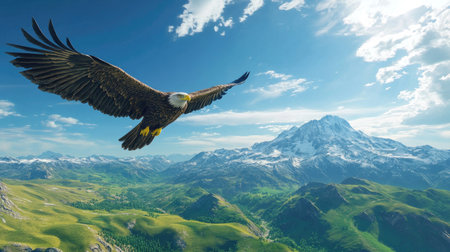 Eagle gliding through the air above rolling green hills, mountain range in the distance under a bright blue skyの素材
