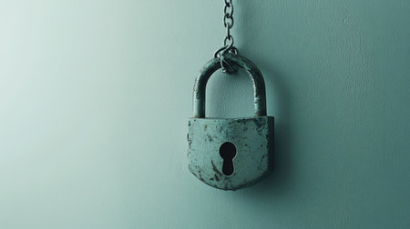 Minimalistic shot of a padlock and chains on a light-colored background, focusing on simplicity in security.の素材
