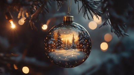 Delicate ornament with a snowy forest scene, hanging on a branch with twinkling lights behind.の素材
