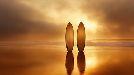 Pair of surfboards standing upright on a pristine beach at sunrise, soft golden light creating a peaceful moodの素材