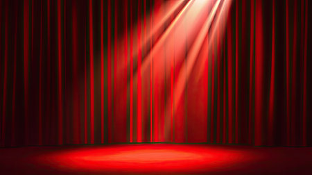 Red curtain with spotlight casting a warm glow on an empty microphone stand. Evokes feelings of anticipationの素材