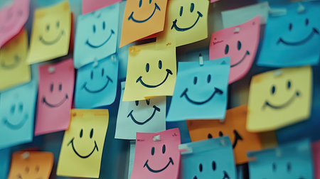 Group of sticky notes with different smiley faces drawn on them, scattered across a bulletin boardの素材