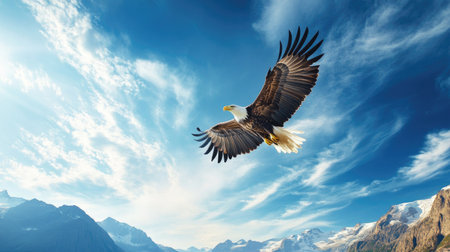Eagle circling high above a mountain ridge, with blue sky and scattered clouds as the backdrop. Expansive and freeの素材