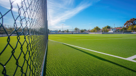 Grid metal fence at a sports field, showing separation between spectators and the field.の素材