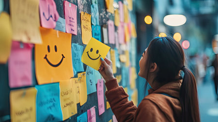 Person sticking a smiley face note onto a wall filled with positive affirmations and quotesの素材