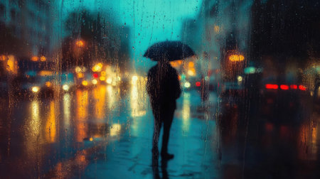 Person standing by a window as rain pours down, raindrops blurring their reflection in the glass. Reflective and moodyの素材