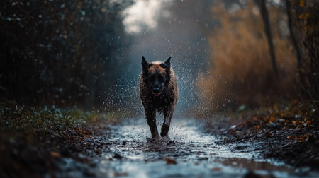 Dog standing in the rain on a muddy path, shaking off water with raindrops splashing everywhere. Playful and naturalの素材