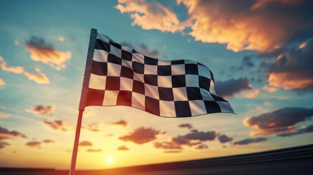 Low-angle view of checkered flag waving against a sunset sky, emphasizing victory and achievement.の素材