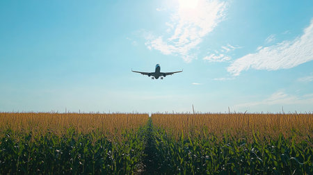 Low-flying plane casting a shadow over a cornfield, bright blue sky above with a few clouds for contrastの素材