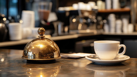 Service bell on a counter with a coffee cup nearby, suggesting attentive service in a caf or bistro.の素材