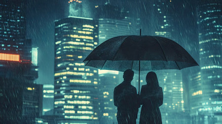 People standing together under one large umbrella in heavy rain, city buildings in the background. Cozy and connectedの素材