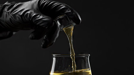 Man's gloved hands pouring liquid into a beaker, representing safety in chemical handling.の素材