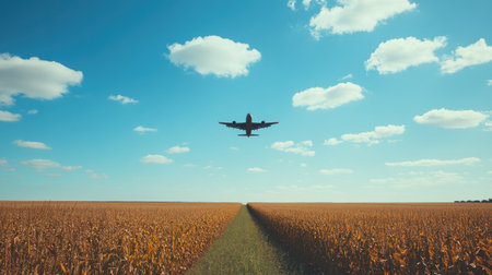 Low-flying plane casting a shadow over a cornfield, bright blue sky above with a few clouds for contrastの素材