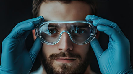 Man's gloved hands adjusting laboratory goggles, emphasizing safety and protocol in a lab setting.の素材