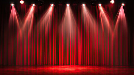 Red velvet curtain, brightly lit by multiple spotlights with a lone microphone centered for a performanceの素材