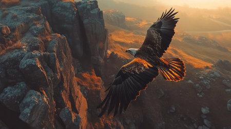 Eagle flying low over rocky cliffs, its shadow cast on the rugged terrain below. Wild and intense sceneの素材