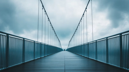 Perspective shot of a bridge deck against a cloudy sky, creating a feeling of openness and connection.の素材