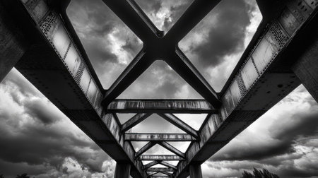 Low-angle view of bridge structure with angled beams against a dramatic cloudy sky, emphasizing scale and grandeur.の素材