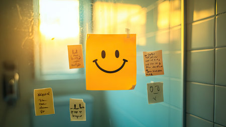 Smiley face sticky note on a bathroom mirror, with motivational messages surrounding it. Bright and uplifting sceneの素材