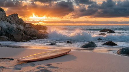 Single surfboard in the sand near a rocky shoreline with waves crashing on the rocks and the sun settingの素材