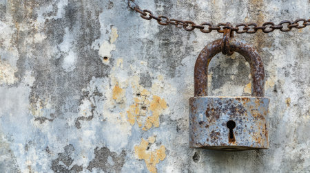 Padlock and chains against a grunge wall, symbolizing urban security with a gritty, industrial feel.の素材