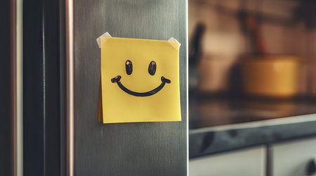 Smiley face sticky note on a kitchen cabinet, brightening the room with a simple, happy messageの素材
