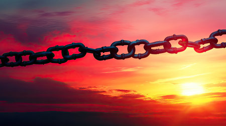 Padlock and chains silhouetted against a vibrant sunset, hinting at hope beyond barriers.の素材