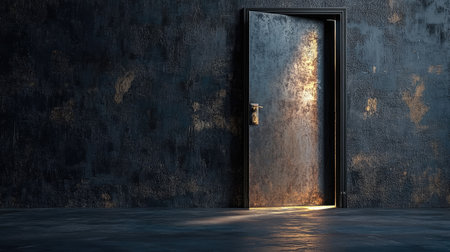 Metal door frame with a dark finish, partially open with light pouring in, highlighting contrast.の素材