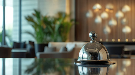 Service bell on a reflective glass counter, capturing the elegance and professionalism of a premium hotel.の素材