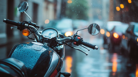 Motorcycle parked on a rainy street, water dripping off its handlebars as the heavy rain pours downの素材