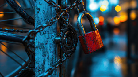 Padlock and chains on a bike in a vibrant urban setting, showcasing everyday security in city life.の素材
