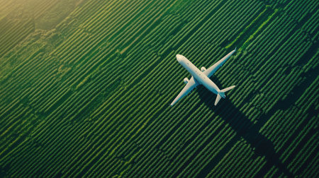 Plane soaring above a farmer's field with rows of green crops below, emphasizing the rural landscape and open skyの素材